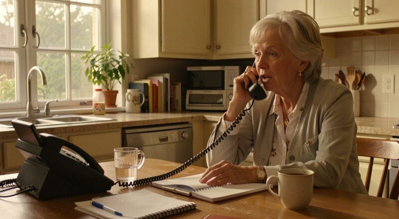 A woman in her sixties at a kitchen table speaking on a corded phone, a notepad and a cup of tea beside her, warm daylight