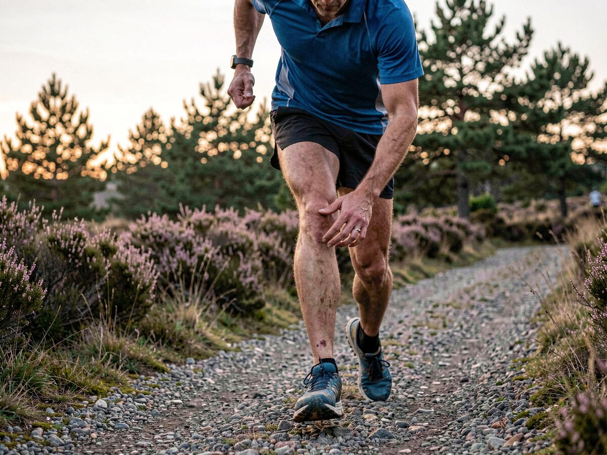 Trail runner on a gravel path through heathland in flat evening light, mid-stride, one hand briefly touching the outside of the sore knee, compression sleeve visible on the lower leg, heather and pine trees behind