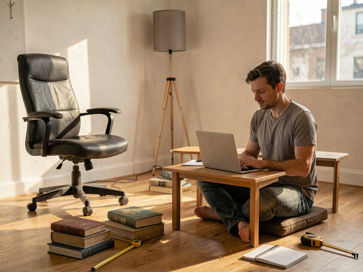 Home studio in the afternoon, a man working cross-legged on a floor cushion with a laptop on a low table beside a proper desk chair left empty, books stacked, tape measure and notebook forgotten beside him, warm slanted light