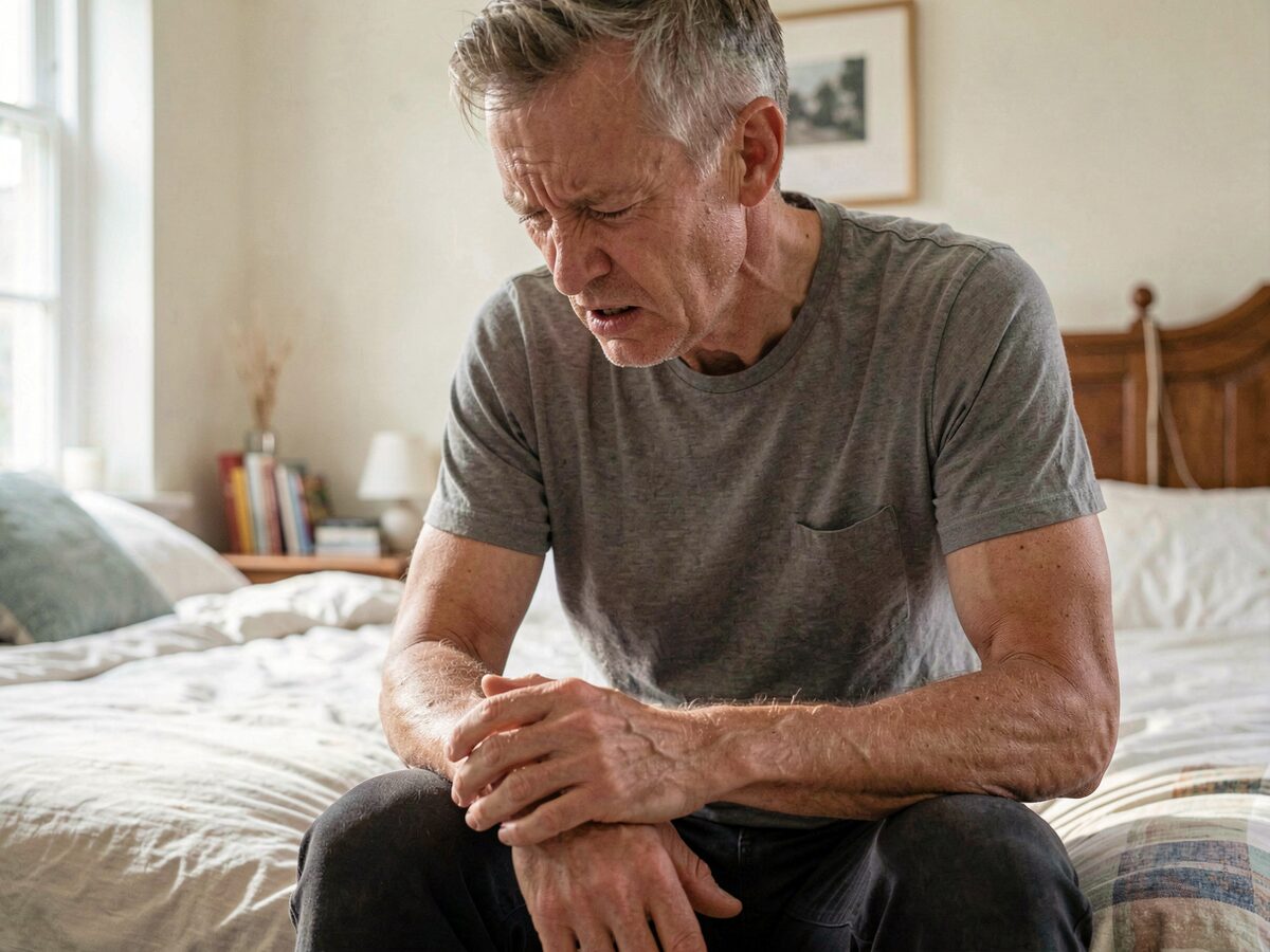 Close view of a person in their forties sitting on the edge of a bed in soft morning light, one hand pressing the back of their thigh, face tense with pain, wearing a plain t-shirt, ordinary British bedroom behind them